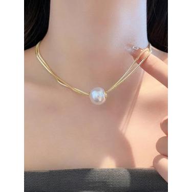 Imagem de Colar de pérola dupla de aço de titânio, presente de dia das mães, joia moderna