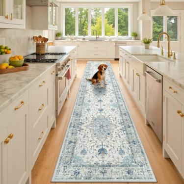 Imagem de RELEANY Tapetes Laváveis Antiderrapantes De 2'X10', Com Estampa Floral Vintage, Medalhão, Para Sala Estar, Quarto E Jantar, Azul-Marinho, Bege Cinza