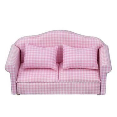 Imagem de Conjunto de sofás Dollhouse em tecido de madeira quadriculado rosa em 