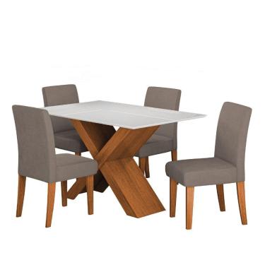 Imagem de Conjunto De Mesa Sala De Jantar Tampo Com Vidro 1,36m Grécia 4 Cadeiras Trieste Dobuê Madeirado Mascavo