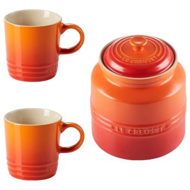 Imagem de KIT LE CREUSET 2 CANECAS 350ML E POTE DE BISCOITO EM CERÂMICA LARANJA