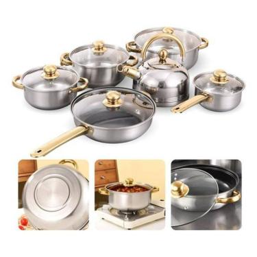 Imagem de Conjunto 6 Panelas Aço Inox Prateado Com Cabo Dourado