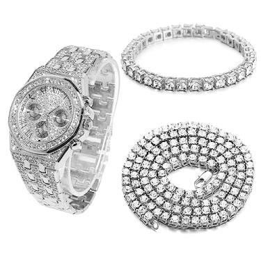 Imagem de Halukakah Diamonds Gold Watch Iced Out, pulseira masculina de quartzo banhado a ouro real 18 k com 20 mm de largura, 22 cm, com opções de conjunto de colar de corrente de tênis, vem com caixa de