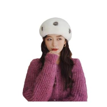 Imagem de Boina feminina de inverno quente com strass para decoração branca M