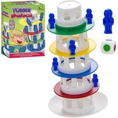 Imagem de Torre Maluca, Jogo de Tabuleiro Infantil com Torres Coloridas e Peças Azuis, Brinquedo Educativo para Crianças Acima de 5 Anos