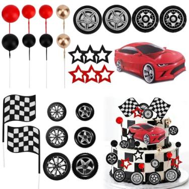 Imagem de 27un Conjunto de Topo Bolo Rodas Corrida, Pneu Carro Corrida Bandeira Quadriculada Decoração Cupcake para Meninos Tema Lembrancinhas e Suprimentos para Festa Aniversário