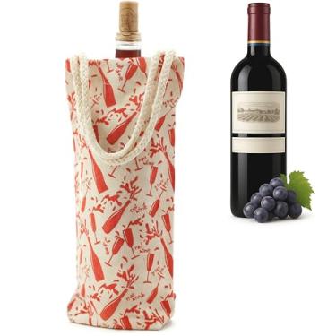 Imagem de Jacob Bicerri Bolsa reutilizável de algodão para presente de vinho com alça de corda – Sacola de garrafa de tecido ecológica com impressão de garrafa vermelha – Porta-vinho lavável elegante para