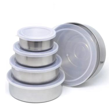 Imagem de Jogo 5 Potes Inox Tampa Marmita Conjunto Vasilha Refeiçao Alimento Organizaçao