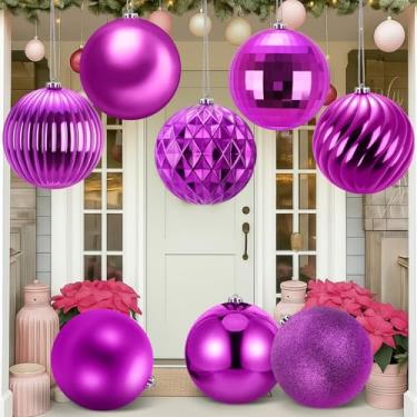 Imagem de Zubebe 8 bolas de Natal grandes de 15 cm (150 mm), 8 estilos, bolas de Natal gigantes de plástico, grandes e grandes, enfeites para pendurar ao ar livre, para decoração de árvore de Natal (roxo)