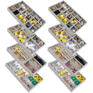 Imagem de SPAKOWN Conjunto de 8 inserções organizadoras de gaveta de joias, pequena bandeja empilhável de joias com divisórias removíveis para brincos, colares, anéis e pulseiras (cinza)