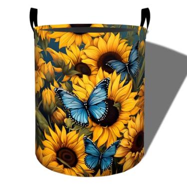 Imagem de amepay Cesta de lavanderia de girassol, pano Oxford dobrável com design de borboleta azul, cesto impermeável com alças, balde de armazenamento de roupas, organizador de brinquedos para banheiro
