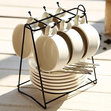 Imagem de WYUYIWH Conjunto de pires de xícara de café de cerâmica 19 peças conjunto de chá de cerâmica doméstico com suporte de copo e colher conjunto de pires de xícara de chá estilo nórdico (cor: branco)