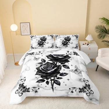 Imagem de QOOMO Conjunto de cama solteiro com flores negras e plantas de desenho animado, para decoração de quarto de meninos, meninas e adolescentes, macio e leve para todas as estações, 1 edredom e 2 fronhas