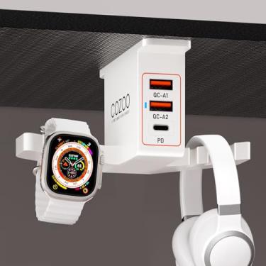 Imagem de Suporte duplo para fone de ouvido sob a mesa, suporte de fone de ouvido com 3 portas, estação de carregamento USB, suporte de fone de ouvido para jogos de PC, presentes para jogadores para homens, acessórios de fone de ouvido como presente para namorado, filho, marido