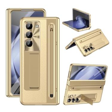 Imagem de Capa protetora com dobradiça e película de vidro e couro sintético para Samsung Galaxy Z Fold 7 6 5 4 3 Fold 6 Fold 5 (para Samsung Galaxy Z Fold 5/dourado)