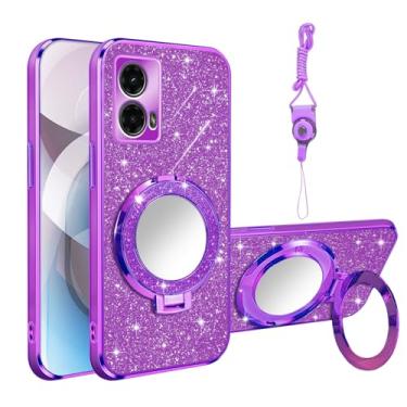 Imagem de Nuouxoco Capa para Moto G 5G 2024 com suporte de anel magnético, espelho embutido e alça de pulso [compatível com MagSafe] Capa traseira transparente com glitter macia à prova de choque para Motorola