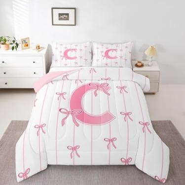 Imagem de jejeloiu Conjunto de cama com laço rosa macio para meninos e meninas, conjunto de edredom com laço fofo, tamanho solteiro, letra C, microfibra, kawaii, laços coquetes, decoração de quarto, monograma