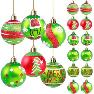 Imagem de ZWLIYCHN Enfeites de bola de Natal de 5 cm, 12 peças, enfeites de bola vermelha e verde, lâmpadas penduradas com glitter, pingentes, bolas de elfo para decoração de casa, árvore de Natal, decoração