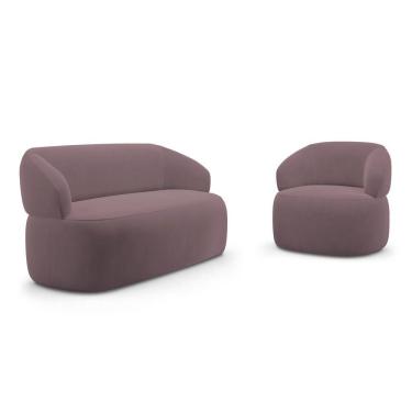 Imagem de Kit Poltrona Giratória E Sofá Orgânico Living Glee 02 Lugares 140cm Veludo Rosê - Abmaza