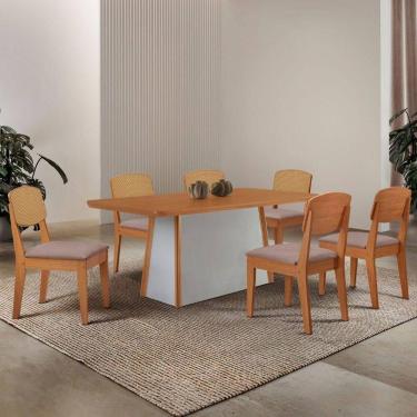 Imagem de Mesa Jantar Diane 180cm Tampo Mdf Lam 6 Cadeiras Copper Prem Moderna Linho Capuccino Off White