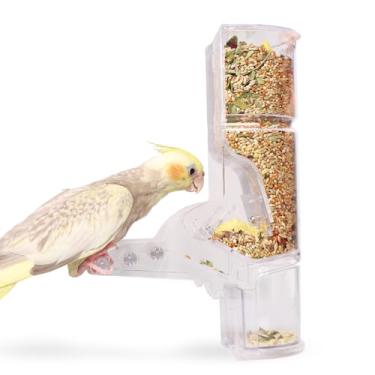 Imagem de Alimentador de pássaros sem bagunça, alimentador automático de papagaio para gaiola com gaveta inferior, acrílico transparente de 300 ml, trava de mola e poleiro para calopsitas, periquitos