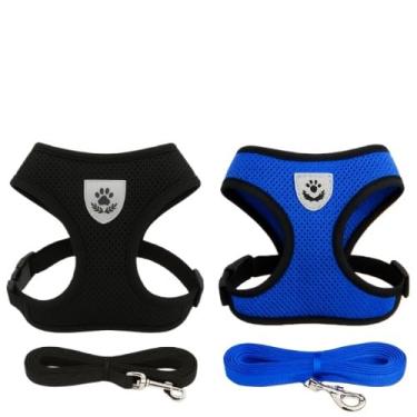 Imagem de Coleira de Malha Flexível com Colete Peitoral Ajustável para Cão Cachorro Gato Animais (1 unid Preta + 1 unid Azul,M)