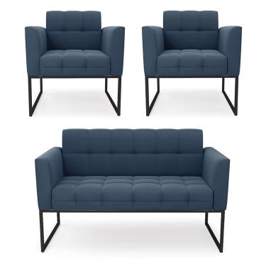 Imagem de Kit 1 Sofá Namoradeira e 2 Poltronas Elisa Suede Azul Marinho Base Metálica Industrial Preto D03 - D'Rossi
