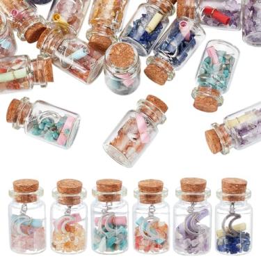 Imagem de HOBBIESAY 18 peças de 6 cores mini garrafa de vidro com rolha de cortiça, garrafas de pedras preciosas com pingente de lua, conjunto de garrafas de pedra Reiki para fazer joias, decoração de