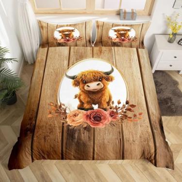 Imagem de Jogo de cama de vaca Highland, conjunto de capa de edredom floral rústico com porta de celeiro para crianças, meninas, meninos, capa de edredom rústico country de animais ocidentais, conjunto de cama