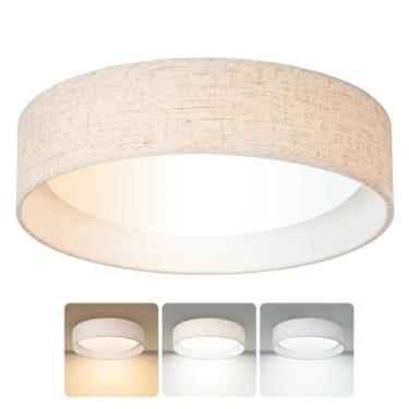 Imagem de CALOKES Luminária De Teto Embutida Em Tecido Led 13", 24 W, 3 Fios, Com Design Clássico Tambor Linho Para Quartos, Cozinha, Sala Jantar, Corredor, 3000 K/4000 K/5000 K (Ao Alternar O Interruptor)