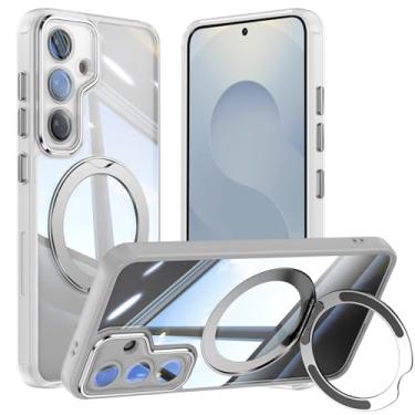 Imagem de Capa de telefone Vanki para Samsung Galaxy S25 compatível com magnético com suporte S25 capa magnética com suporte de anel de 360 graus para Samsung S25 capa transparente antiqueda (branca)