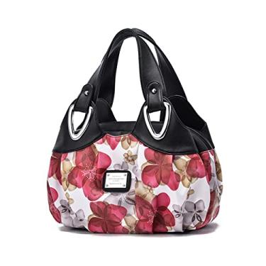 Imagem de NICOLE & DORIS Bolsas femininas modernas elegantes com alça superior para mulheres, bolsas de ombro florais de couro PU, Alça preta/açafrão, Large