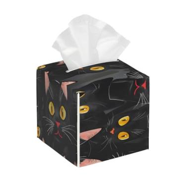 Imagem de Capa quadrada de couro para caixa de lenços de papel, à prova d'água, gato preto, organizador de papel facial fofo com cinto inferior, estojo de lenços para mesa, banheiro, escritório, mesa, carro