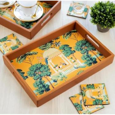Imagem de Bandeja de madeira Sova com design de jardim tropical, 38 x 25 cm, marrom, inclui 4 porta-copos combinando