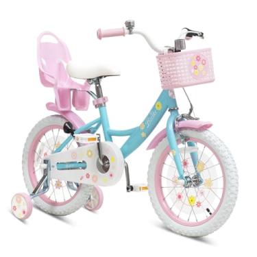 Imagem de Bixike Bicicleta para meninas com cesta para crianças de 3 a 8 anos, bicicleta infantil de 14 e 16 polegadas com sino, suporte e rodas de treinamento, bicicleta estilo princesa com assento de boneca e