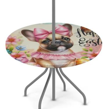 Imagem de hongjinglin Toalha de mesa de Páscoa para uso ao ar livre com orifício para guarda-chuva, toalha de mesa redonda elástica com zíper, impermeável, limpável, para piquenique, festa, pátio, serve para