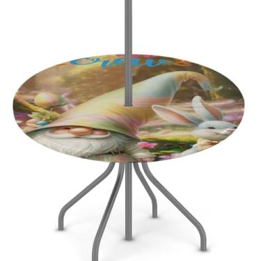 Imagem de hongjinglin Toalha de mesa de Páscoa para uso ao ar livre com orifício para guarda-chuva, toalha de mesa redonda elástica com zíper, impermeável, limpável, para piquenique, festa, pátio, serve para