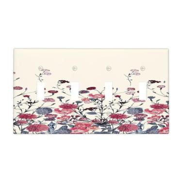 Imagem de Naiqadnehz Placa de cobertura para interruptor de luz, padrão floral, vintage, flores vermelhas, 4 gangues quadriciclo, placa de parede, capa de tomada elétrica, capas decorativas para decoração de
