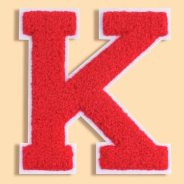 Imagem de QianSiLi Remendos de letras universitárias de chenille vermelho de 11 cm, letras grandes para jaquetas Letterman, moletons com capuz, mochilas, coletes, roupas, adesivos individuais de letra K