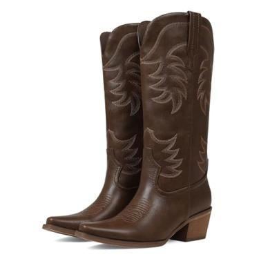 Imagem de Erocalli Bota feminina caubói de cano médio com bico fino, salto grosso, bota ocidental, 1 Marrom, 38