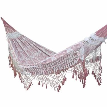 Imagem de Rede de Dormir e Descanso Casal Extra Marquesa Algodão Jaguaruana. (Rosa Seco e Branco)