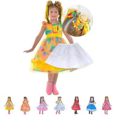 Imagem de Vestido Festa Junina Luxo Várias Cores + 2 Enfeite Cabelo + Saia Armaç