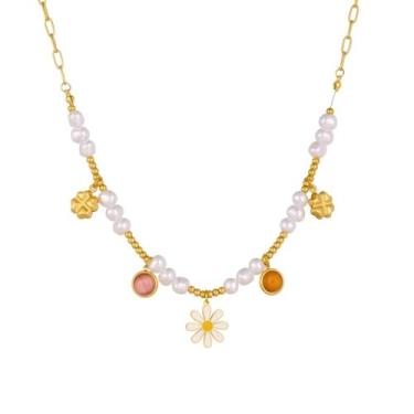 Imagem de Kokoma Colar feminino com pingente de margarida, pérola simulada, zircônia cúbica, trevo, corrente ajustável, floral, joia moderna