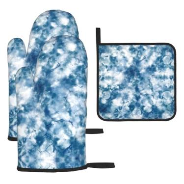 Imagem de Blue Ink tie-dye – Conjunto de cozinha essencial com 3 peças, luvas e aderência para tampa, proteção para churrasco no forno, design de armazenamento suspenso.
