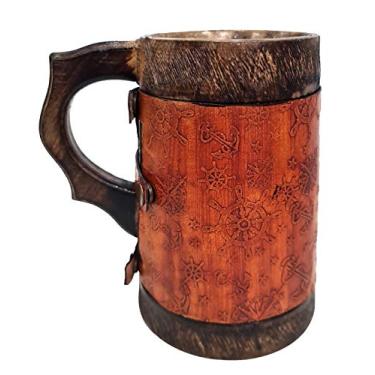 Imagem de collectiblesBuy Tanque rústico com design de âncora náutica e roda de navio para cerveja, hidromel, café e bar, caneca de cerveja de madeira feita à mão com envoltório de couro