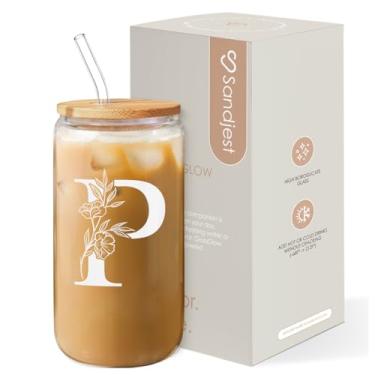 Imagem de SANDJEST Presentes com monograma para mulheres - Monograma P copo de vidro com inicial 473 ml lata xícaras de café com tampa e canudo - monograma iniciais presentes para mulheres no aniversário