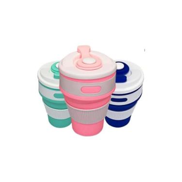 Imagem de Copo Silicone Retrátil Dobrável com Tampa Reutilizável, 350ml, Sortido, Azul/Rosa/Verde Tiffany, 14.3cm Altura