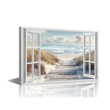 Imagem de TUMOVO Arte de parede de cena de praia para quarto vista de janela 3D arte de parede decoração de parede costeira moderna quadros de arte de parede para sala de estar pinturas giclée emoldurado pronto