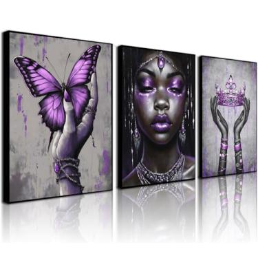 Imagem de 3 peças de arte de parede em tela emoldurada feminina afro-americana moderna roxa rainha borboleta coroa impressão de pôster pintura para decoração de casa adequada para quarto, sala de estar