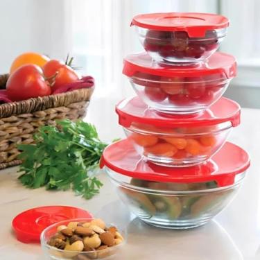 Imagem de Conjunto 5 Potes de Vidro Herméticos com Tampa Plástica – Tigelas para Conserva, Armazenar Alimentos, Temperos, Fechamento Hermético, Tampa Cor Sortida